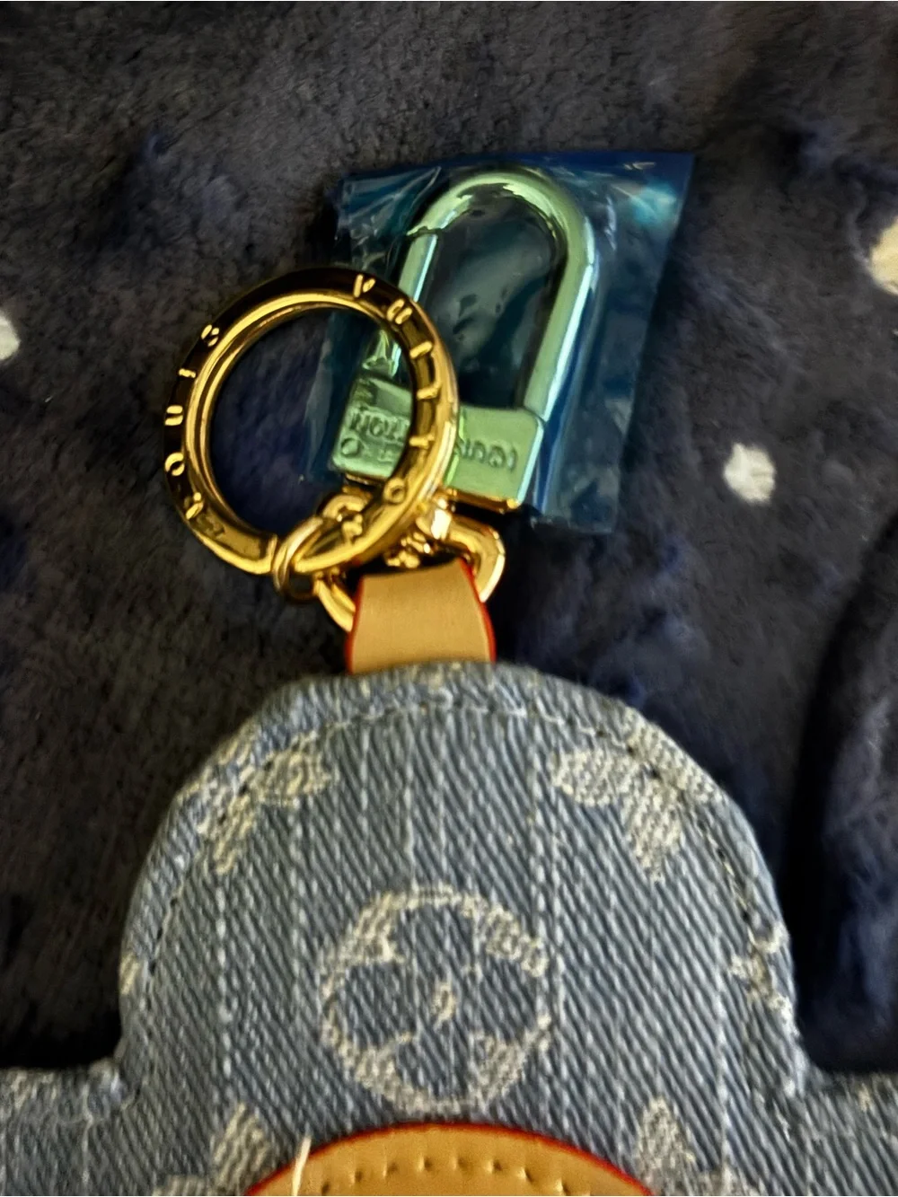 Brand New !  Denim Monogram Flower Charm in Blue and Tan